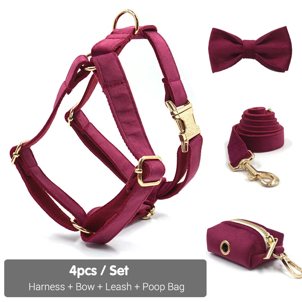Burgundy Velvet Dog Collar Personalized Thicken Metal Buckle Pet Harness Bow Tie Collar Leash Set with Poop Bag Luxury Dog Gift