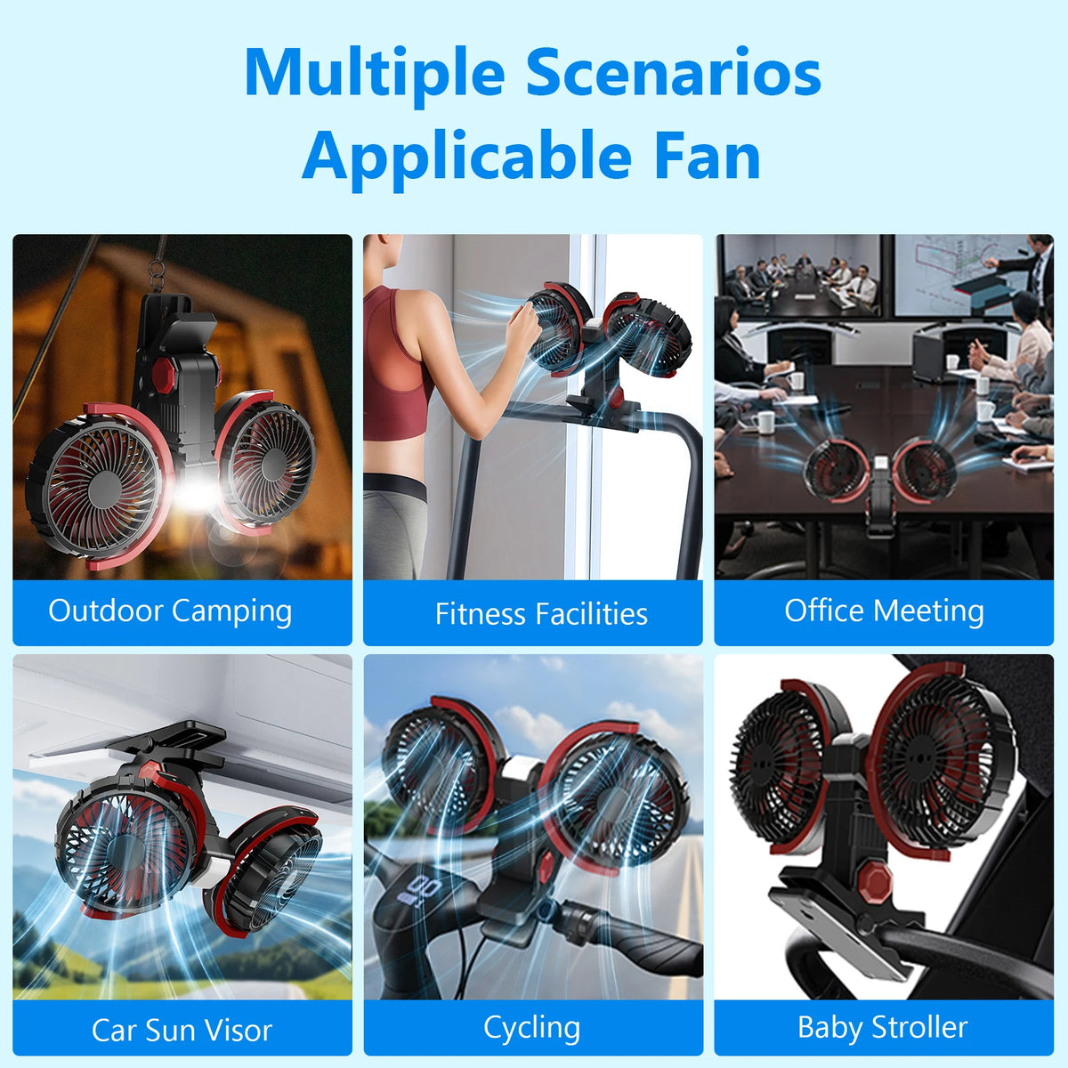 Eary Summer Clip Dual Head Fan 4000mAh 3 Wind Speeds 2 Light Modes USB Rechargeable With 360° Rotatable Desktop Air Cooling Fan