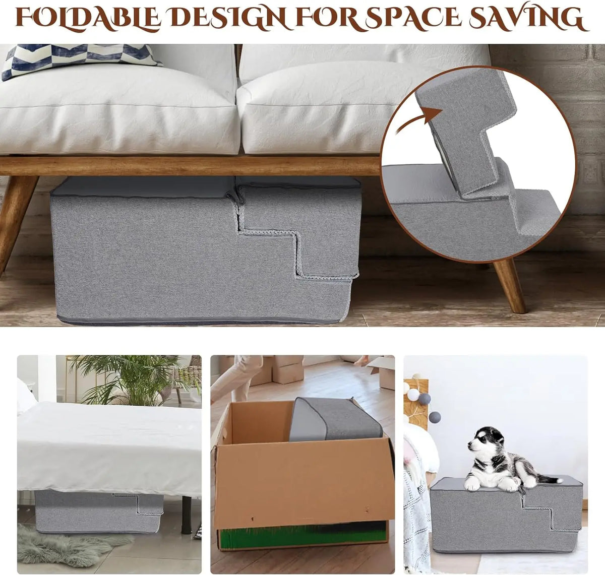 Nonslip High Density Foam Dog Ladders Indoor Home Couch Sofa High Bed Pet Stairs Folding 5-Grades Dog Steps with Removable Cover
