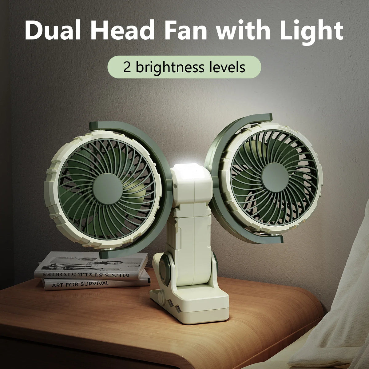 Eary Summer Clip Dual Head Fan 4000mAh 3 Wind Speeds 2 Light Modes USB Rechargeable With 360° Rotatable Desktop Air Cooling Fan