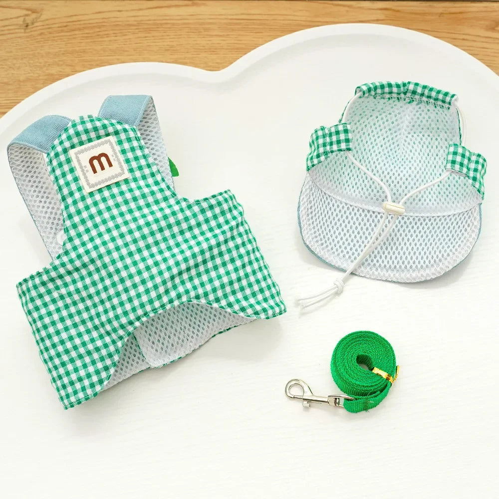 Cartoon Pet Harness Leash Sun Hat Set Cute Kitten Puppy Costume Cat Small Dogs Vest Harness Rope Cap 3pcs Outdoor Pet Supplies