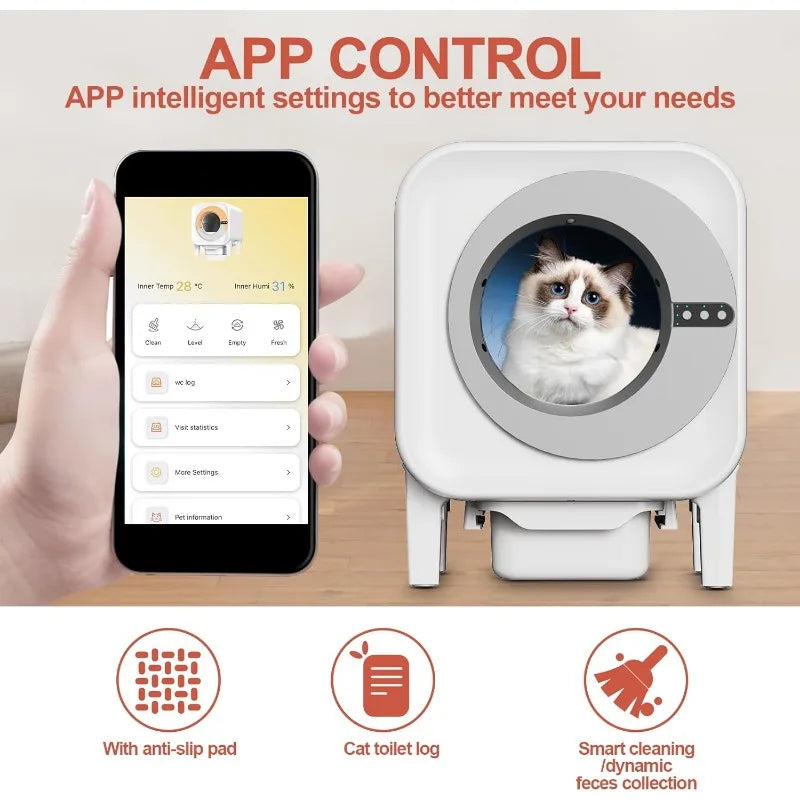 Self-Cleaning Cat Litter Box, 75L XL Capacity(48x55x61cm), WiFi APP Control, Odorless Automatic Cat Toilet with Garage Bags