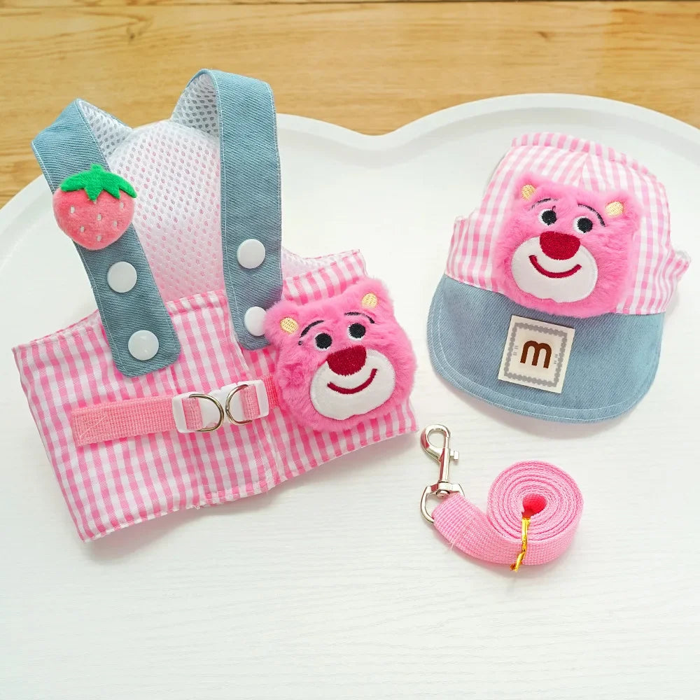 Cartoon Pet Harness Leash Sun Hat Set Cute Kitten Puppy Costume Cat Small Dogs Vest Harness Rope Cap 3pcs Outdoor Pet Supplies