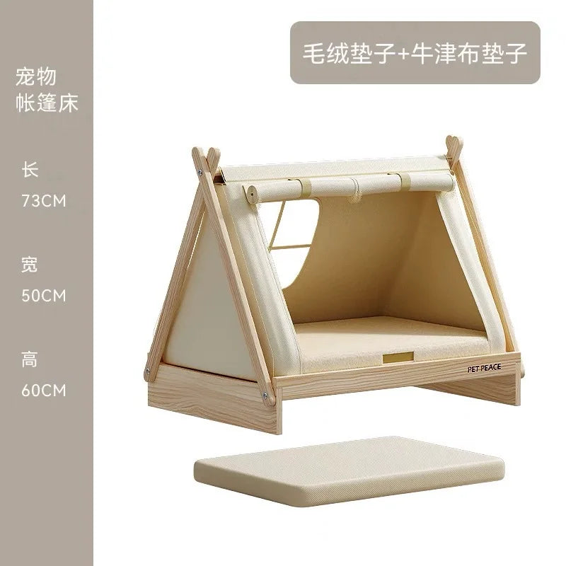 Wooden Oxford Cloth Dog Bed  Elevated Moisture-Proof Tent Enclosed Safety House  All-Season  Dog Shelter with Frame Support
