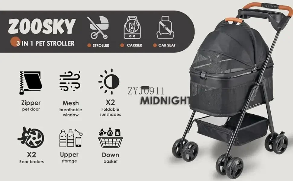 Folding 3-in-1 Dog Stroller with Removable Travel Carrier