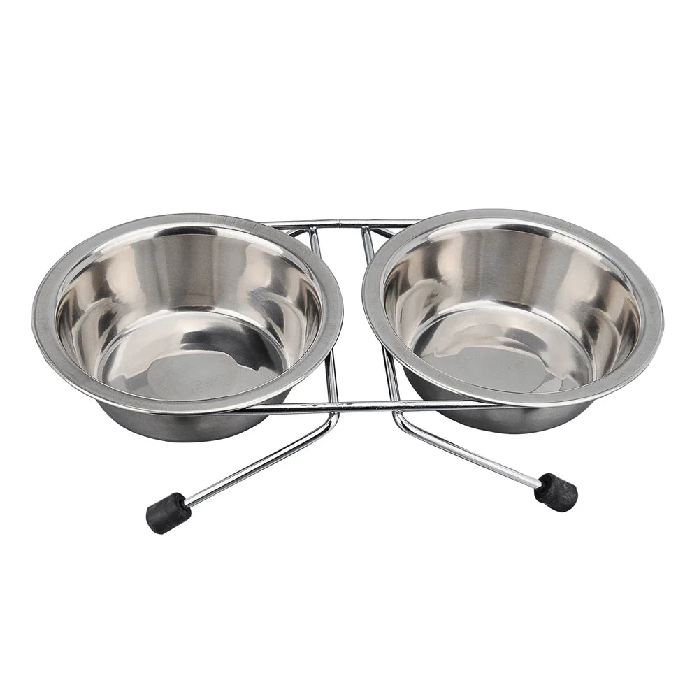 Double Stainless Steel Pet Bowls with Iron Stand - Anti-Slip Puppy Feeder
