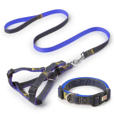 Dog Leash Harness Adjustable Collar Set Denim Pet Lead Vest for Small Medium Large Dogs Pet Cat Lead for Walking Training