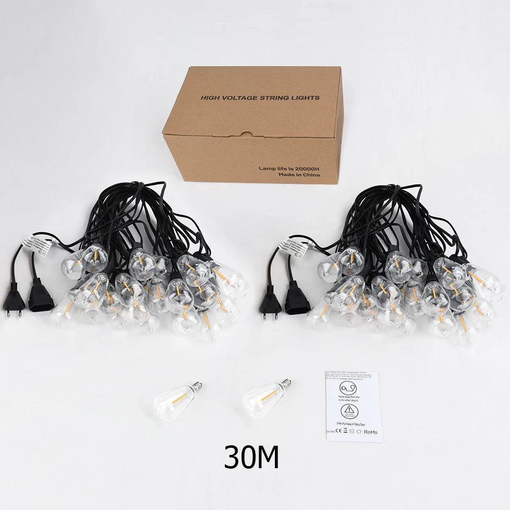 ST38 LED String Lights 10M 15M 30M Waterproof Patio Light Outdoor LED Fairy Light Wedding Decoration For Garden Cafe Backya