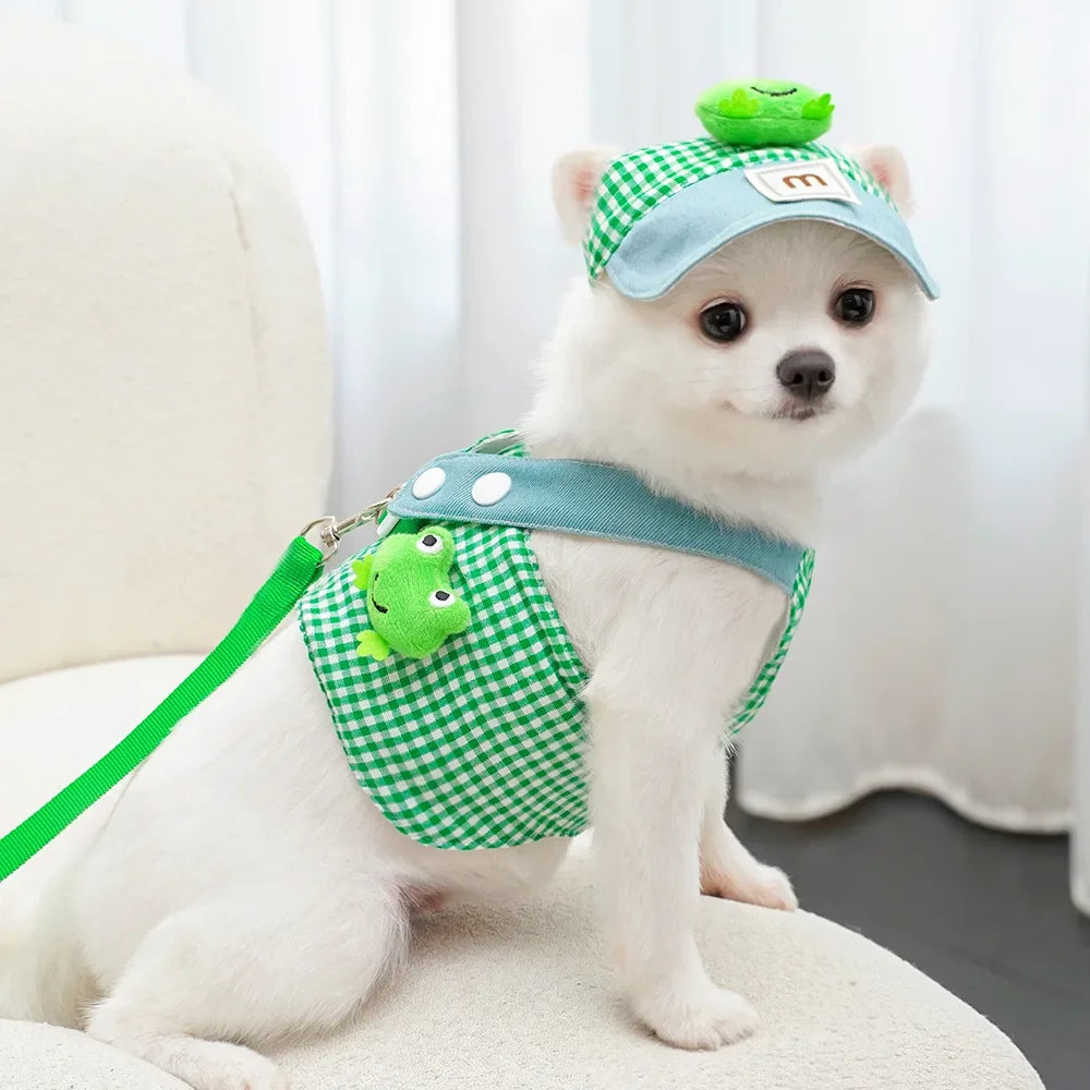 Cartoon Pet Harness Leash Sun Hat Set Cute Kitten Puppy Costume Cat Small Dogs Vest Harness Rope Cap 3pcs Outdoor Pet Supplies