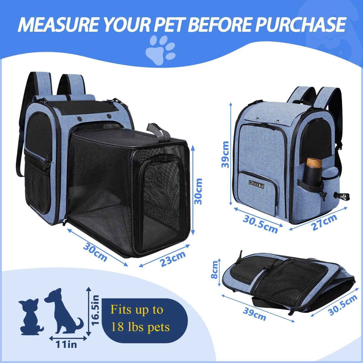 Expandable Foldable Pet Backpack - Ideal for Small Dogs and Cats, Spacious and Convenient with Zipper Closure
