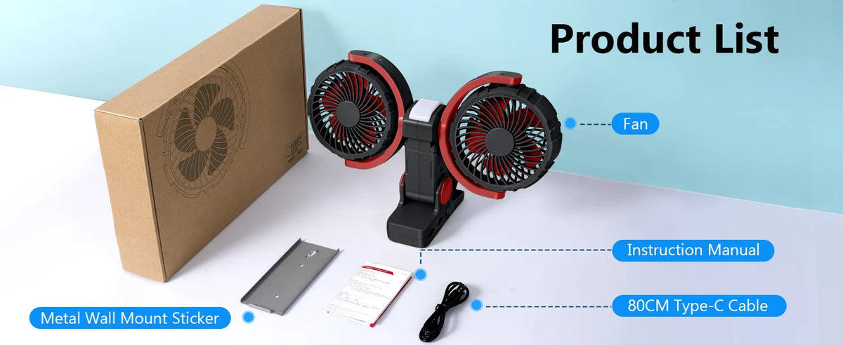 Eary Summer Clip Dual Head Fan 4000mAh 3 Wind Speeds 2 Light Modes USB Rechargeable With 360° Rotatable Desktop Air Cooling Fan