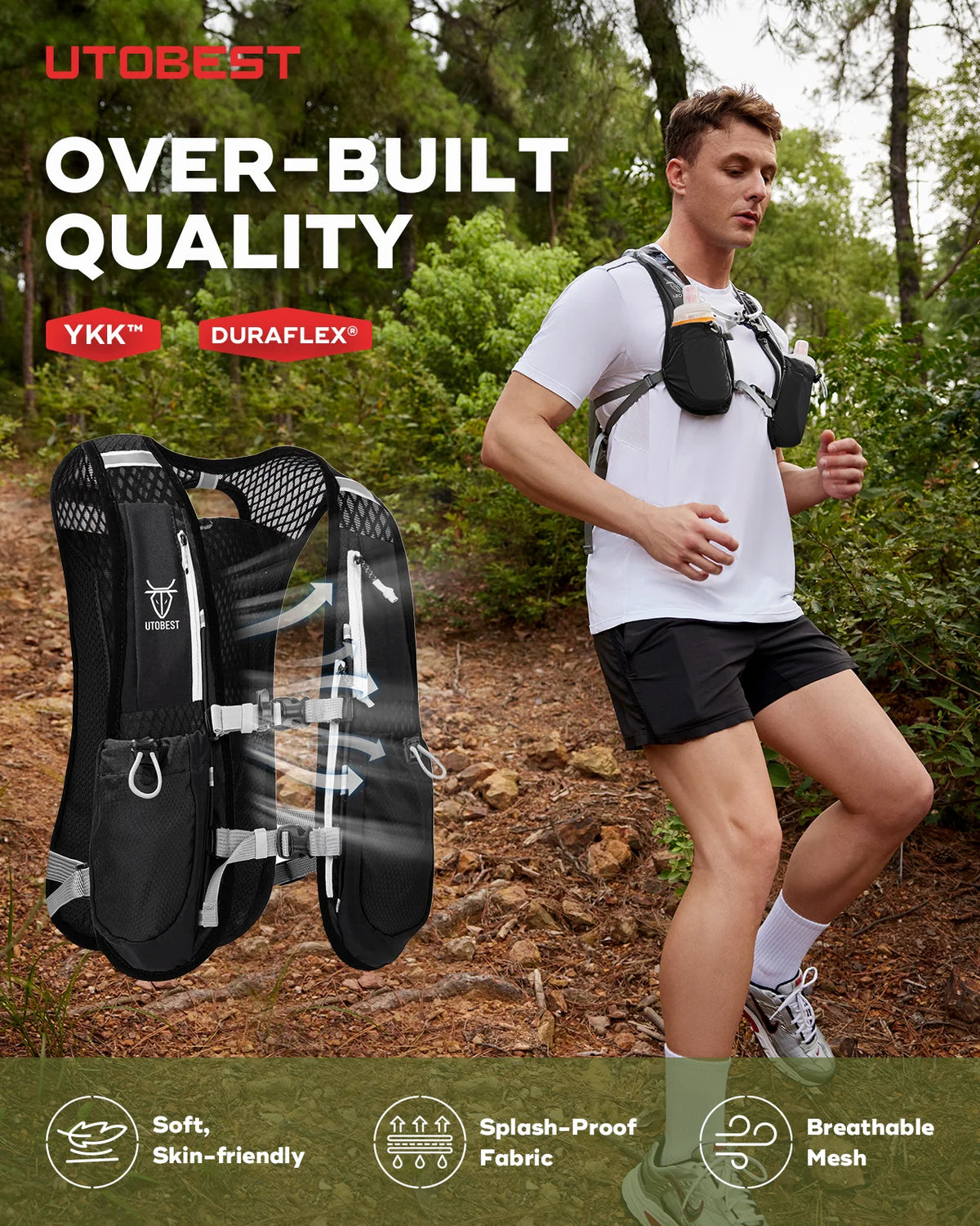 UTOBEST Running Hydration Vest 5L Lightweight Hydration Backpack with 2pcs 350ml Water Bottles for Bicycle Marathon Hiking