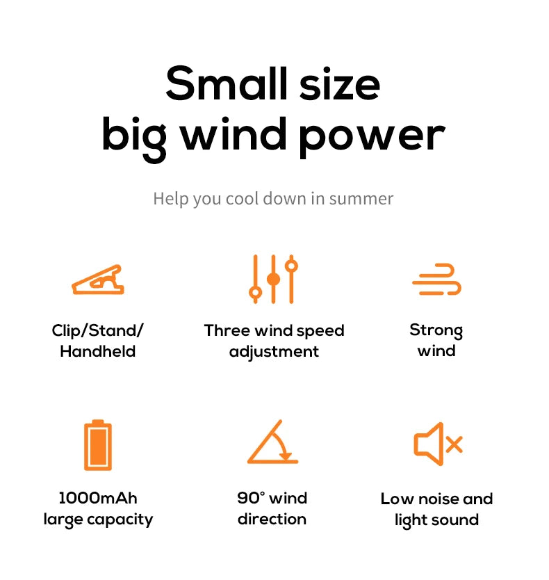 VISSKO Portable Mini Clip Fan USB Rechargeable Hand Held Fan Small Pocket Fan 3Speeds 1000mAh Multifunctional fan Ourdoor Summer