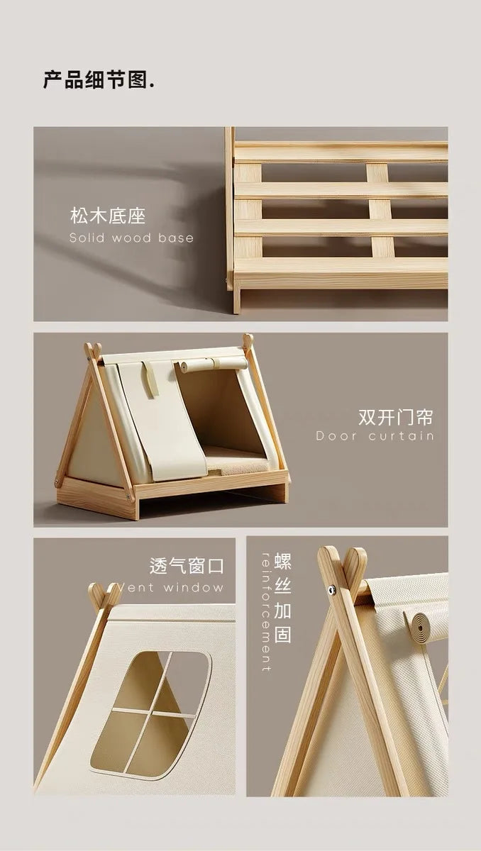Wooden Oxford Cloth Dog Bed  Elevated Moisture-Proof Tent Enclosed Safety House  All-Season  Dog Shelter with Frame Support