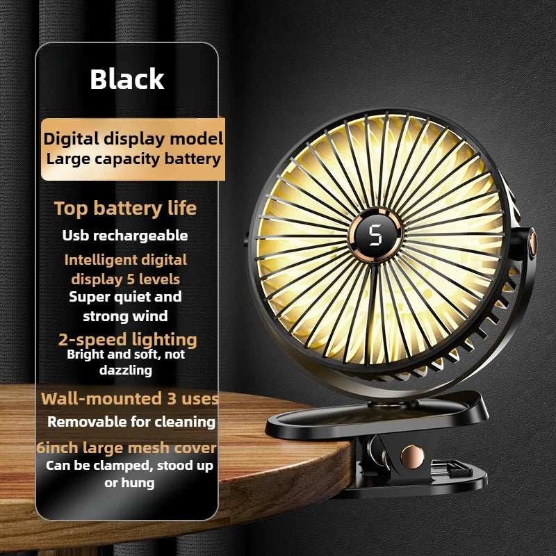1800mAh Clip Electric Fan 5 Speed Quiet Rechargeable Desktop Portable Air Circulator Wireless Fan with LED Light Camping Fans