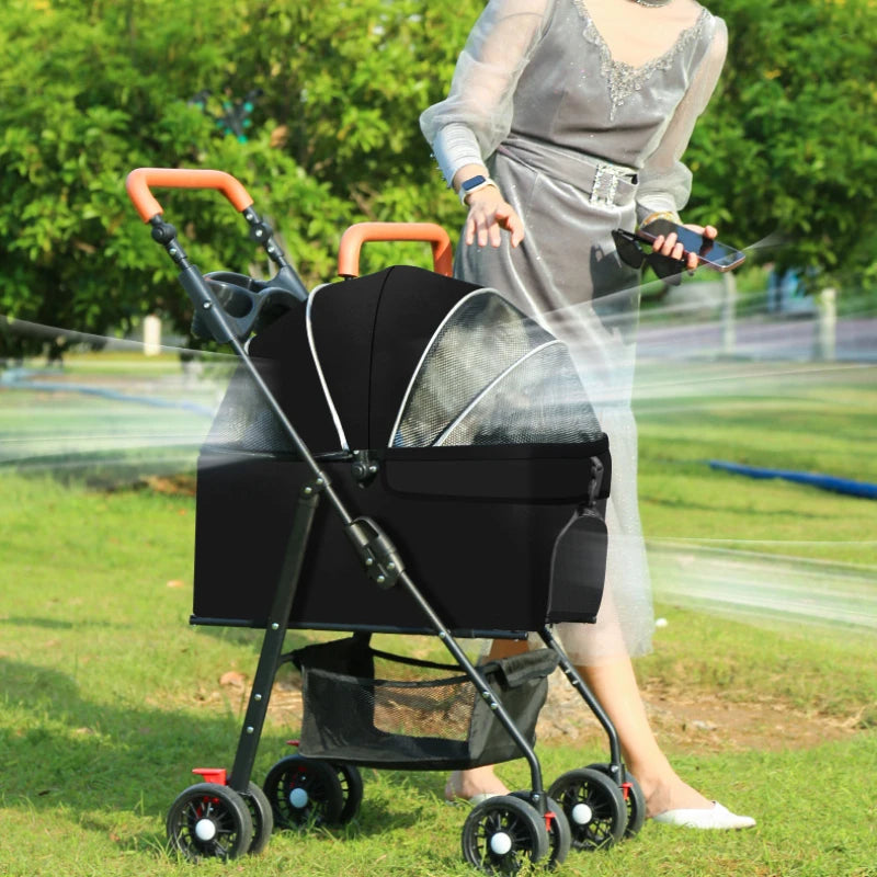 Lightweight Pet Stroller - Detachable hand carry, Breathable, with shopping basket