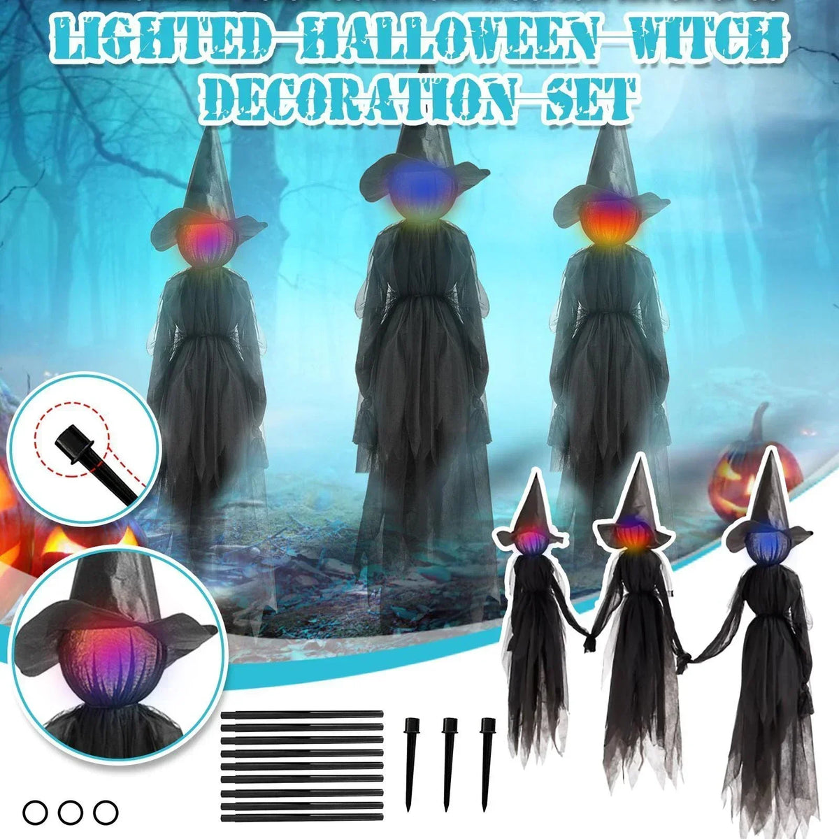 Halloween Colourful Glow Three Hand-Holding Witches Sound-activated hand-holding witch Halloween light up decoration props