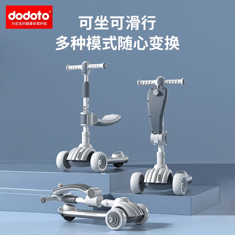 Children's Scooter Can Sit, Ride and Slide Three-in-One Foldable Scooter for Boys and Girls Kick Foot Scooter
