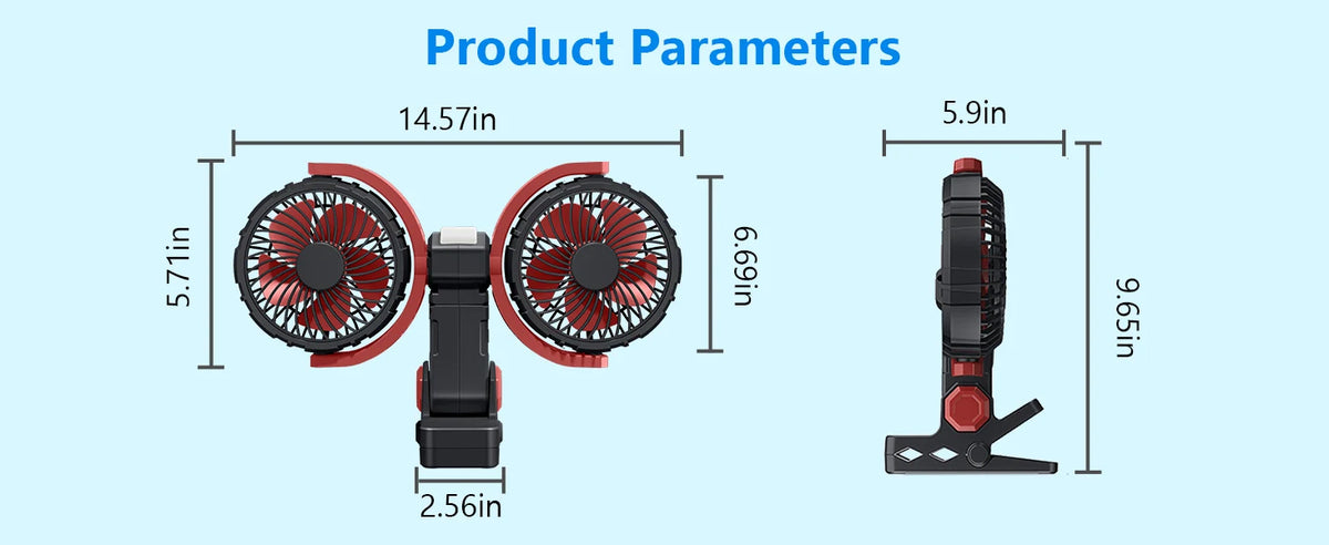 Eary Summer Clip Dual Head Fan 4000mAh 3 Wind Speeds 2 Light Modes USB Rechargeable With 360° Rotatable Desktop Air Cooling Fan