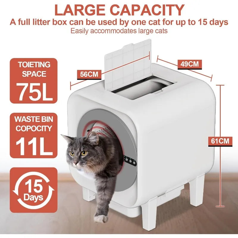 Self-Cleaning Cat Litter Box, 75L XL Capacity(48x55x61cm), WiFi APP Control, Odorless Automatic Cat Toilet with Garage Bags