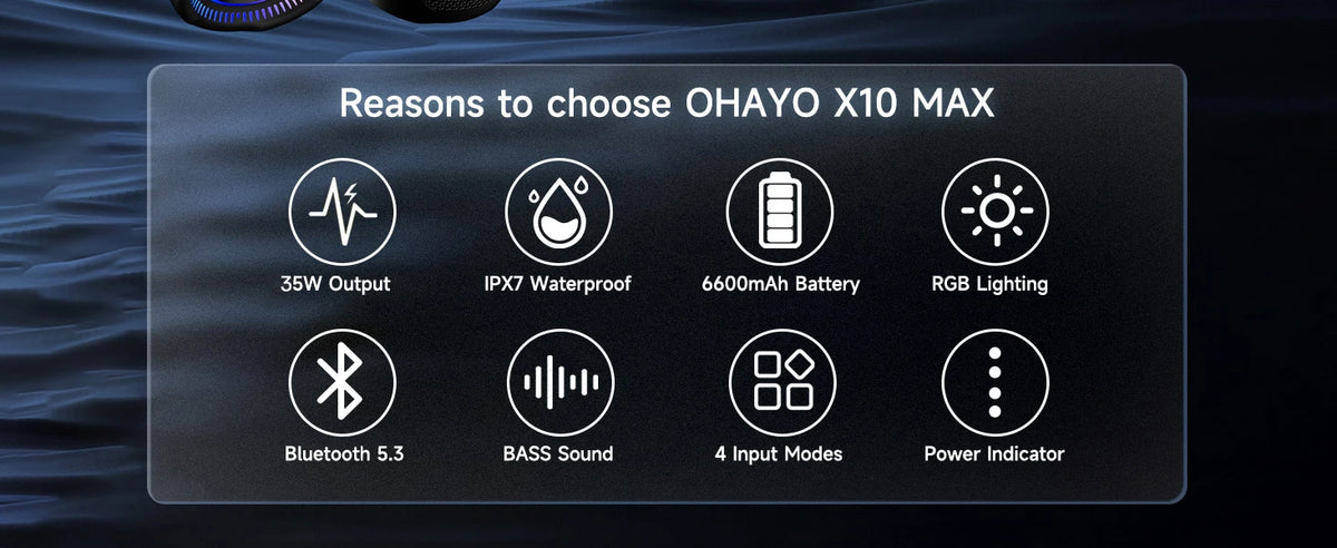 OHAYO X10MAX Bluetooth Speaker 35W - IPX7 Waterproof, Powerful Stereo Sound, 24H Playtime, TWS Pairing, Dazzling Lights, Bass Up