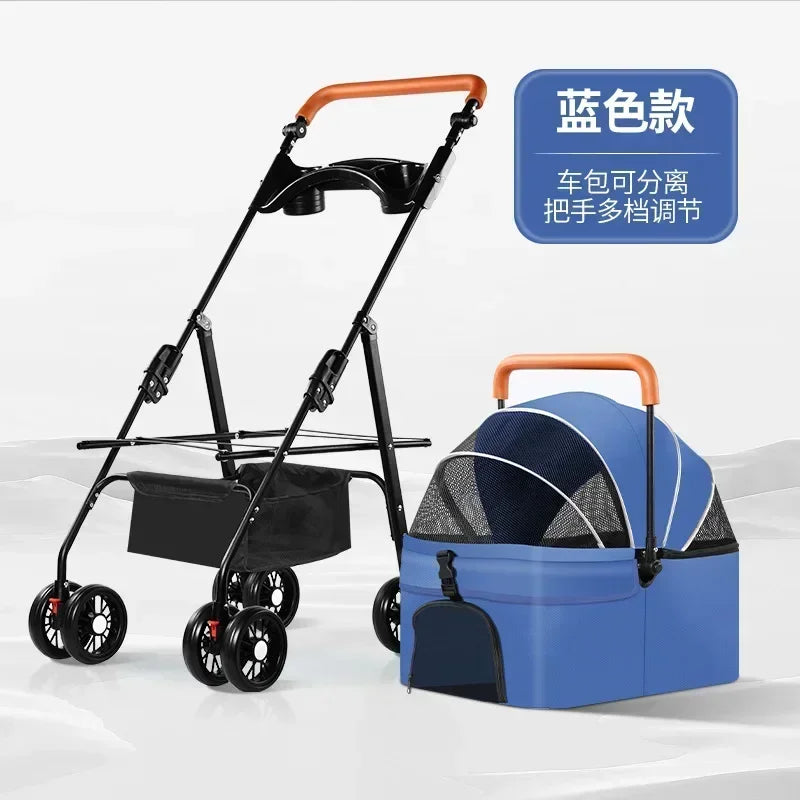 Lightweight Pet Stroller - Detachable hand carry, Breathable, with shopping basket