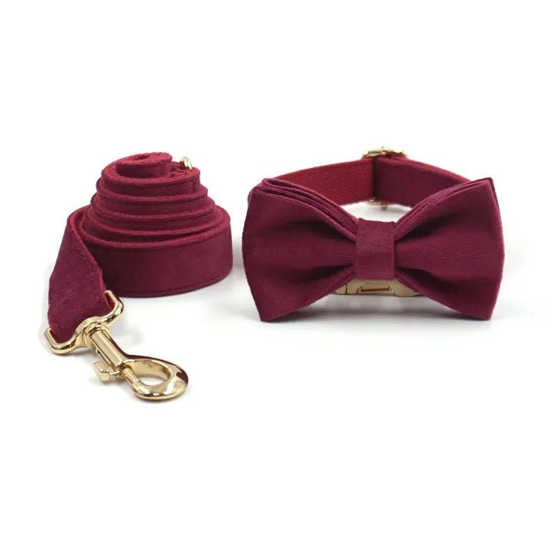 Burgundy Velvet Dog Collar Personalized Thicken Metal Buckle Pet Harness Bow Tie Collar Leash Set with Poop Bag Luxury Dog Gift