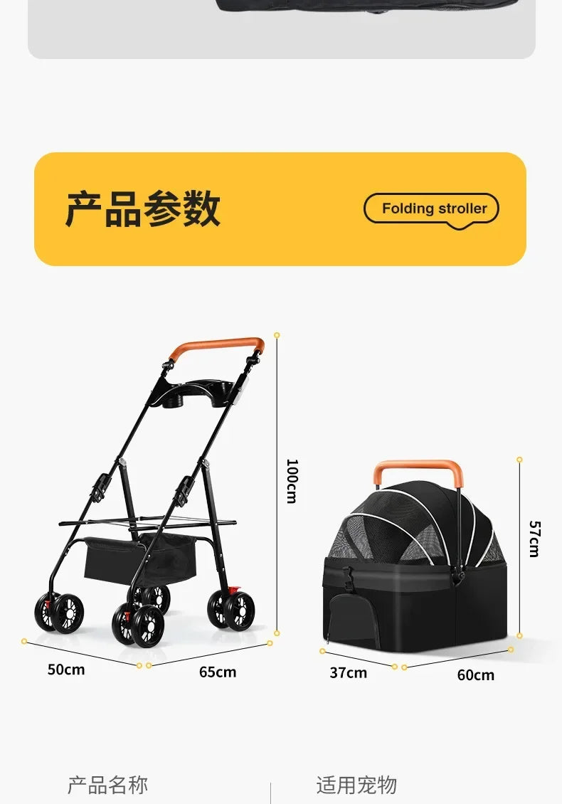 Lightweight Pet Stroller - Detachable hand carry, Breathable, with shopping basket