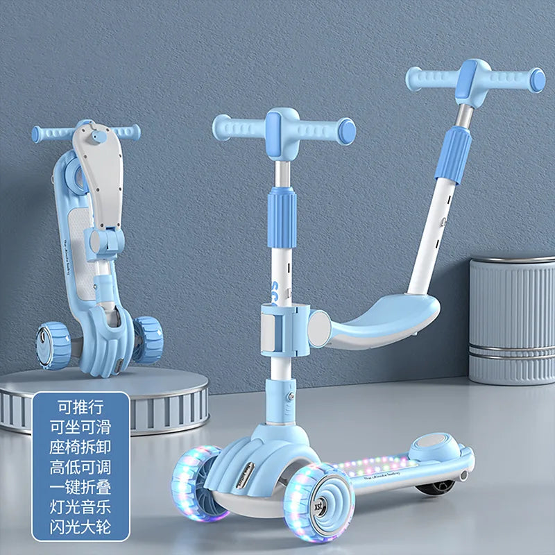 Children's Scooter Can Sit, Ride and Slide Three-in-One Foldable Scooter for Boys and Girls Kick Foot Scooter