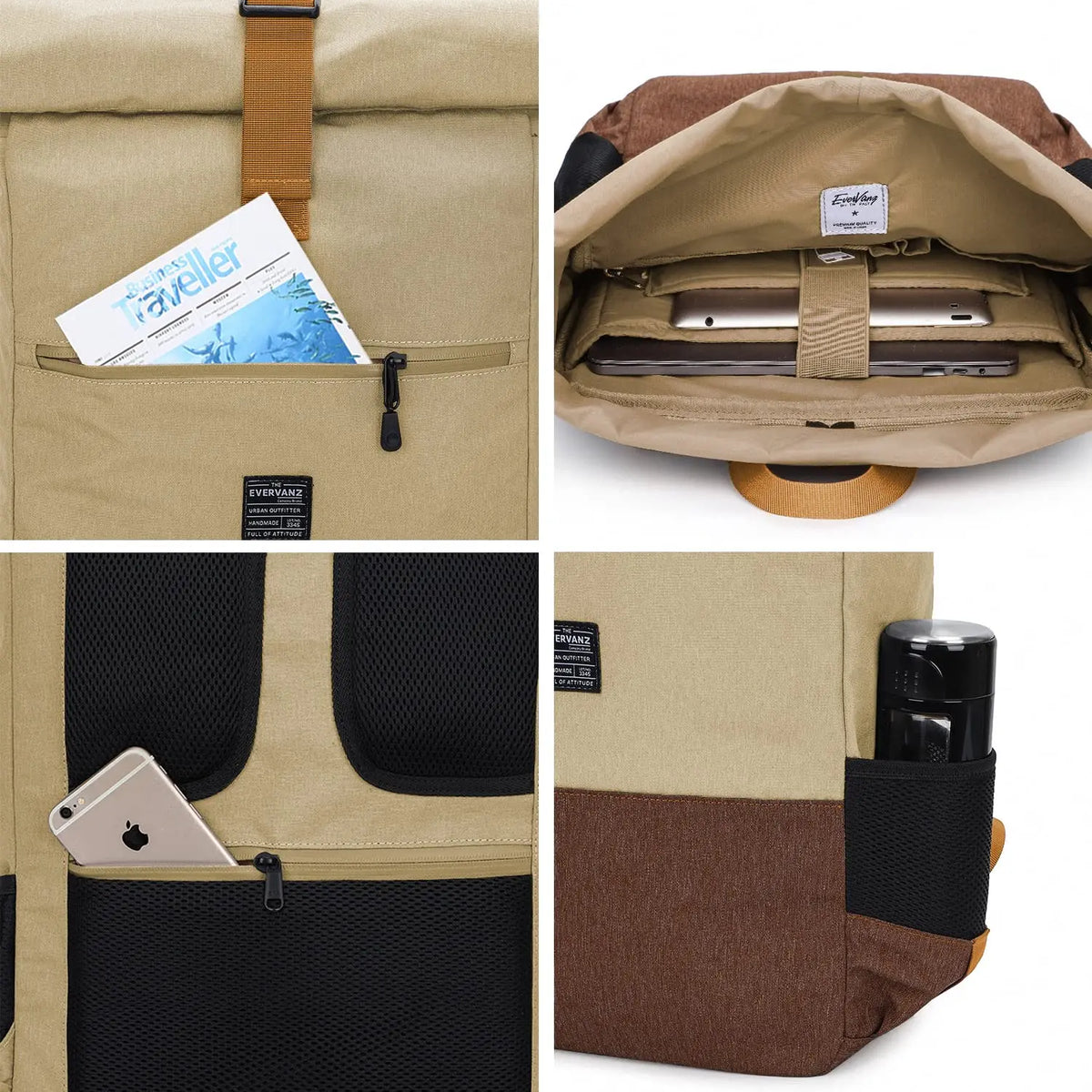 EverVanz Rolltop Backpack, Daypack With Compartment For 12 - 17 inch Laptop, Waterproof And Anti-Theft
