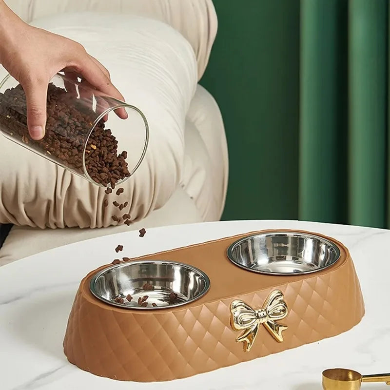 Pet Bowtie Double Bowl for Dogs and Cats - Food and Water Dish