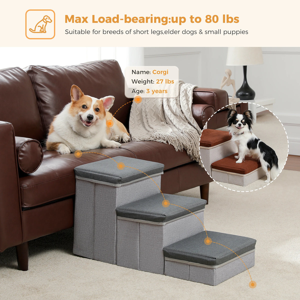 3-Tier Dog Stairs Foldable Pet Stair with Storage Box Adjustable Height Dog Steps for Small Old Dog Cat Non-Slip Pet Ramp Indoor