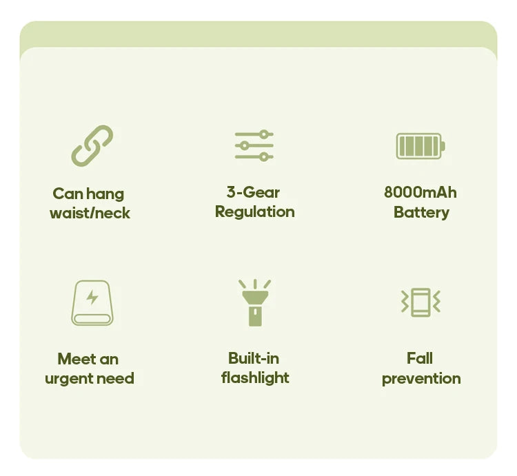 KINSCOTER Portable Outdoor Waist Fan 8000mAh LED Lighting Multifunctional Neck Fan with Power Bank for Camping Hiking Climbing
