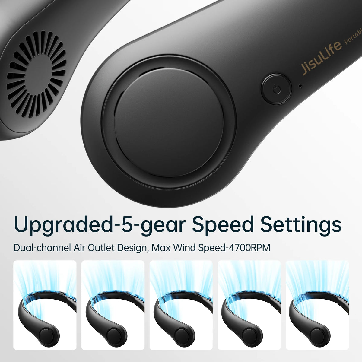 JISULIFE Portable Neck Fan,Hands-Free Bladeless, 5 Speeds,4000 mAh Rechargeable Battery,Twistable Operated Wearable Neckband Fan