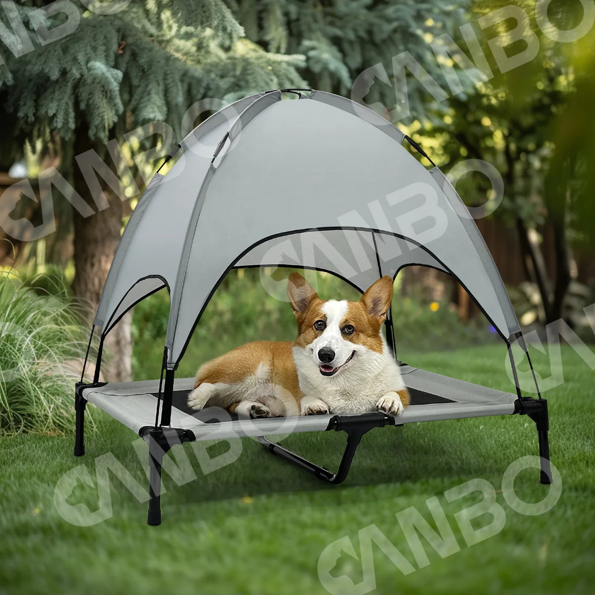 ‌Elevated Outdoor Pet Cot for Large Dogs, Heavy-Duty Frame Summer Camping Bed, Detachable Sunshade Canopy & Portable Dog Tent