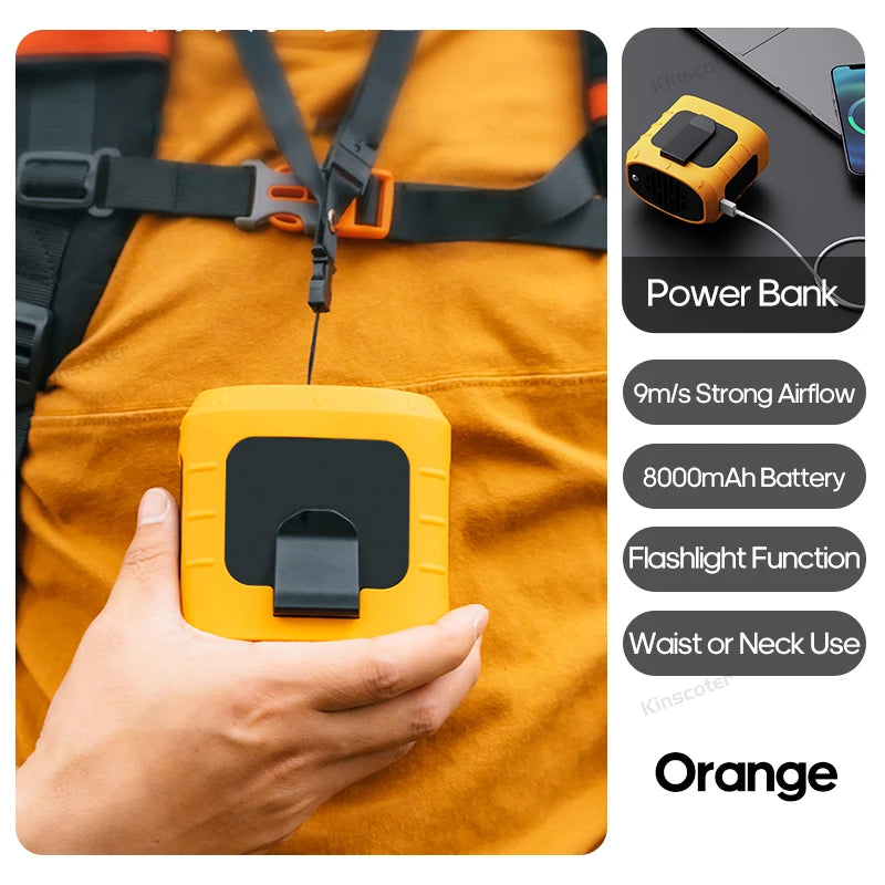 KINSCOTER Portable Outdoor Waist Fan 8000mAh LED Lighting Multifunctional Neck Fan with Power Bank for Camping Hiking Climbing