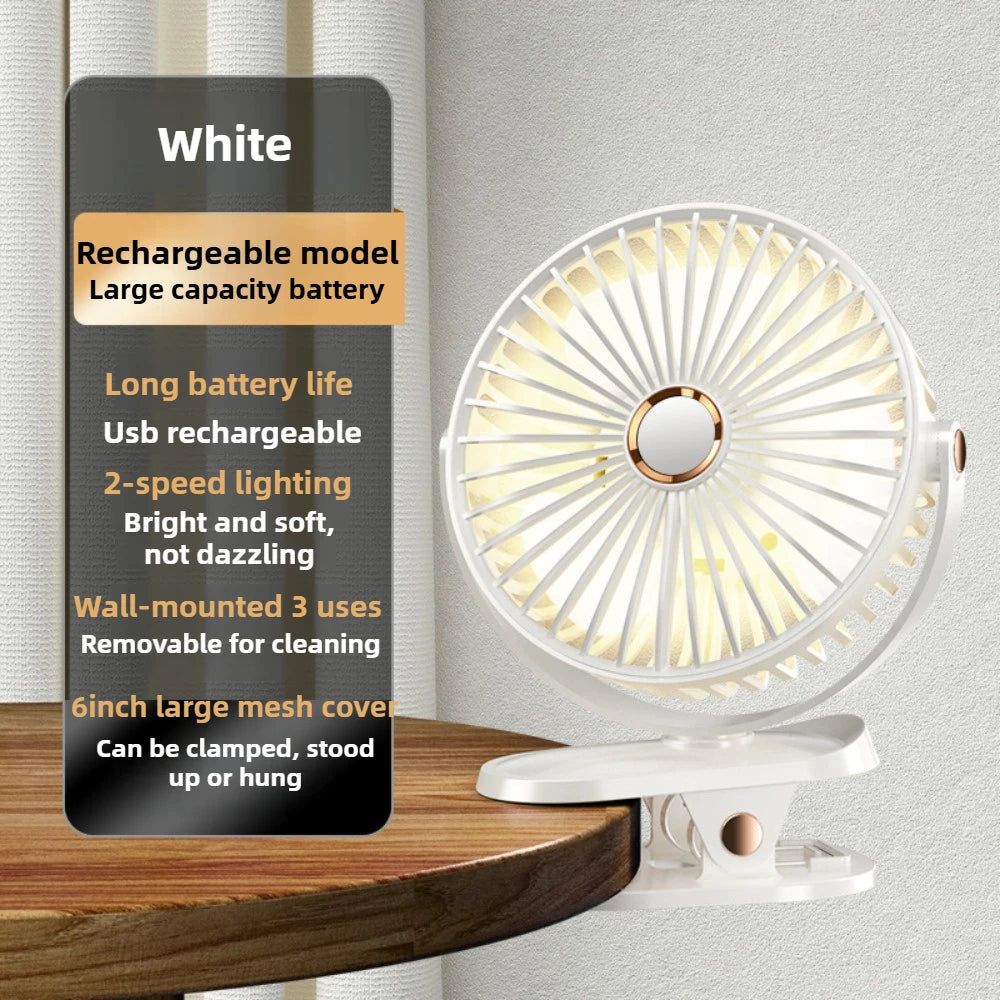 1800mAh Clip Electric Fan 5 Speed Quiet Rechargeable Desktop Portable Air Circulator Wireless Fan with LED Light Camping Fans