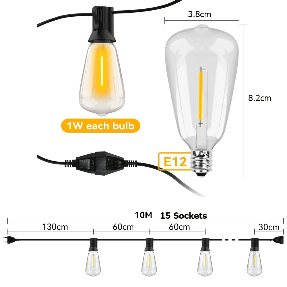ST38 LED String Lights 10M 15M 30M Waterproof Patio Light Outdoor LED Fairy Light Wedding Decoration For Garden Cafe Backya