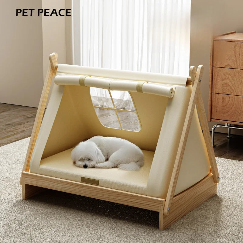 Wooden Oxford Cloth Dog Bed  Elevated Moisture-Proof Tent Enclosed Safety House  All-Season  Dog Shelter with Frame Support