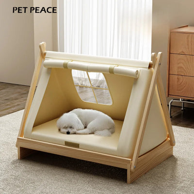 Wooden Oxford Cloth Dog Bed  Elevated Moisture-Proof Tent Enclosed Safety House  All-Season  Dog Shelter with Frame Support