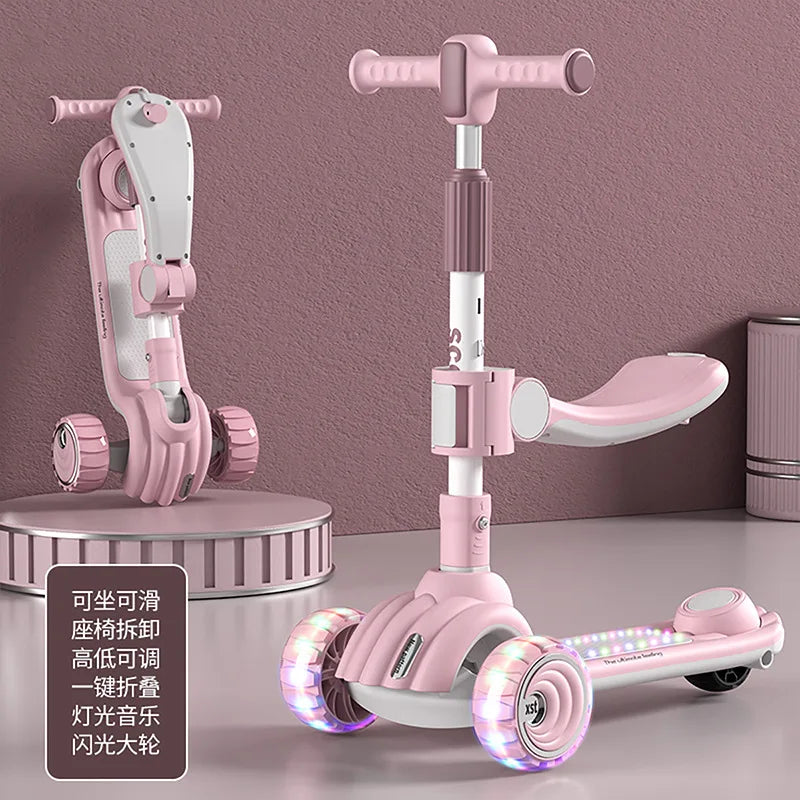 Children's Scooter Can Sit, Ride and Slide Three-in-One Foldable Scooter for Boys and Girls Kick Foot Scooter