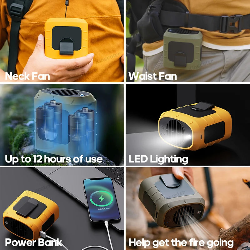 KINSCOTER Portable Outdoor Waist Fan 8000mAh LED Lighting Multifunctional Neck Fan with Power Bank for Camping Hiking Climbing