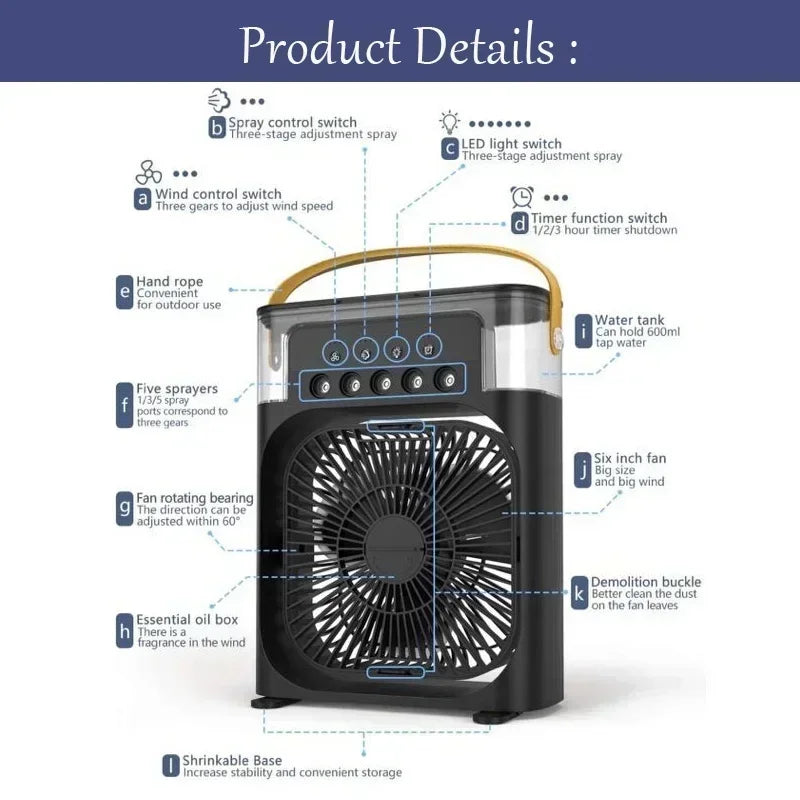 Portable Humidifier Fan 3 in 1 Air Conditioners USB Electric Fan LED Night Light USB 3 Speed Household Small Air Cooler