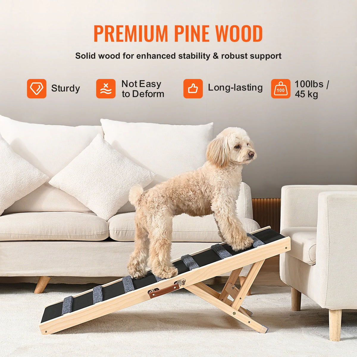 SucceBuy Dog Ramp Folding Ladder Anti-slip High Adjustable Wooden Pet Ramp Removable for Small Old Dog Climbing Stairs Sofa Car