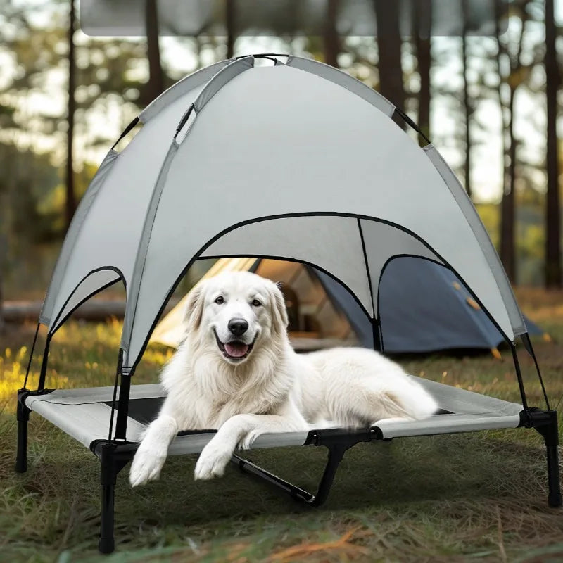 ‌Elevated Outdoor Pet Cot for Large Dogs, Heavy-Duty Frame Summer Camping Bed, Detachable Sunshade Canopy & Portable Dog Tent