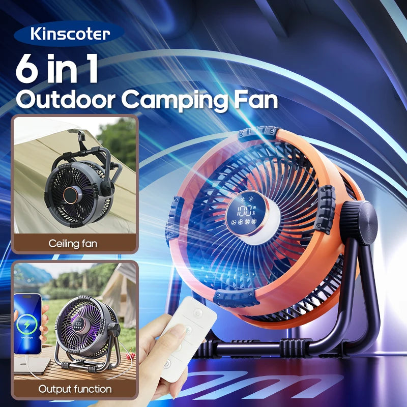 KINSCOTER 6 in 1 Camping Fan 20000mAh Rechargeable Battery Portable Outdoor Fan 4 Speed Air Circulators with Hook and LED Light
