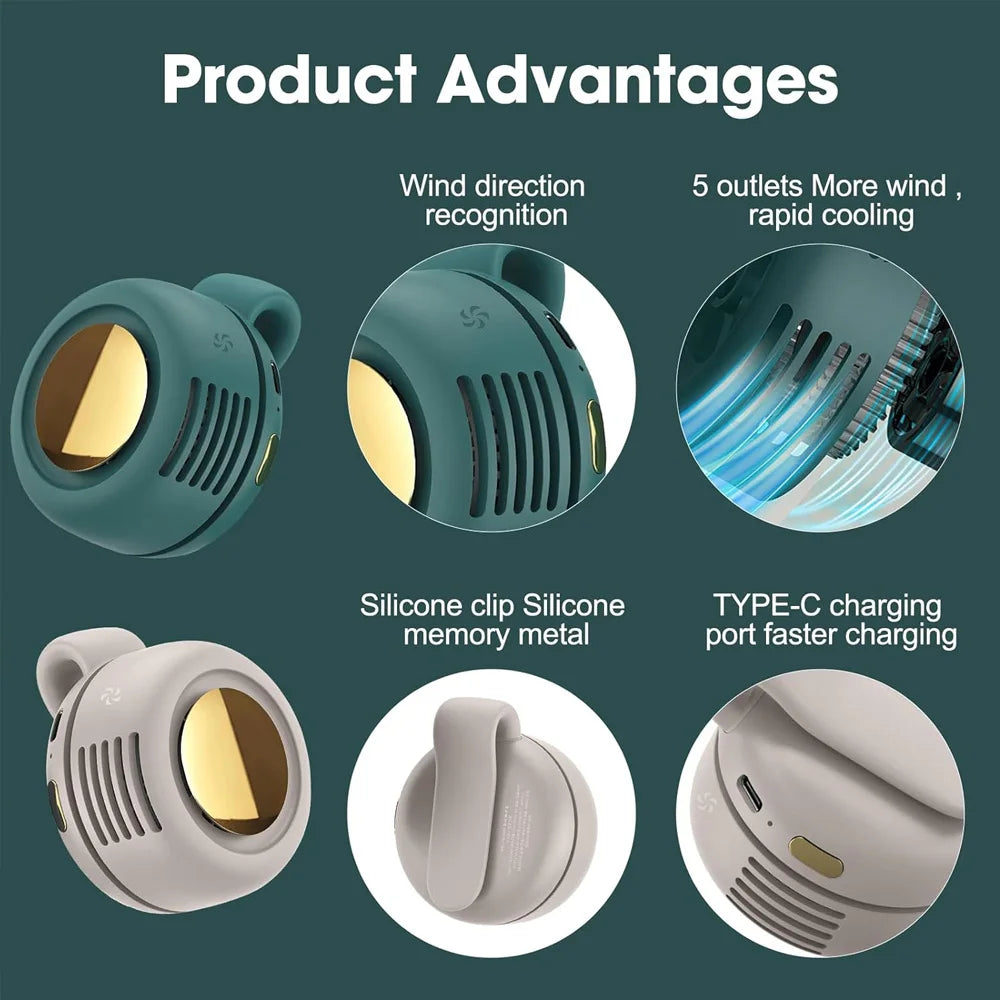 Portable Silent Mini Clip Fan Bladeless USB Fan Built-in 900mAh Battery Hanging Waist Electric Fan 3 Speeds for Outdoor Travel