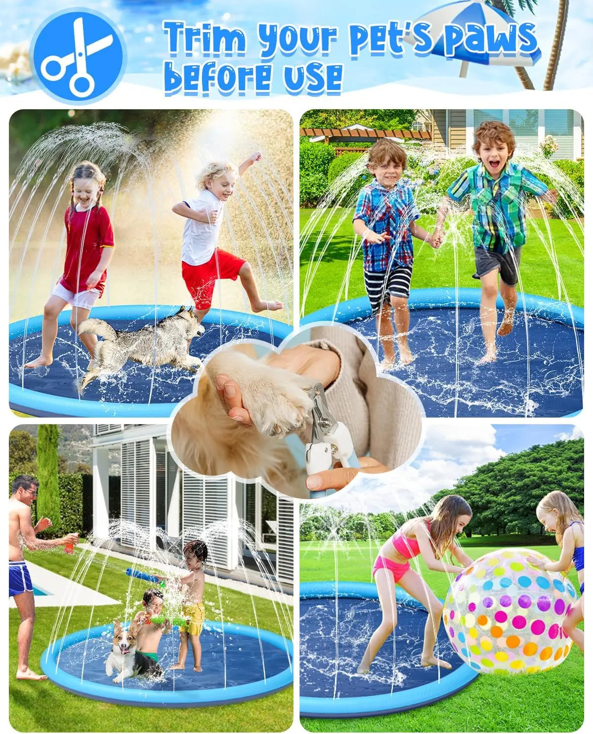 Splash Pad for Dogs Kids Outdoor Water Play Mat Sprinkler Toy Non-Slip Dog Pool Summer Backyard Fun Durable Pet Water Mat