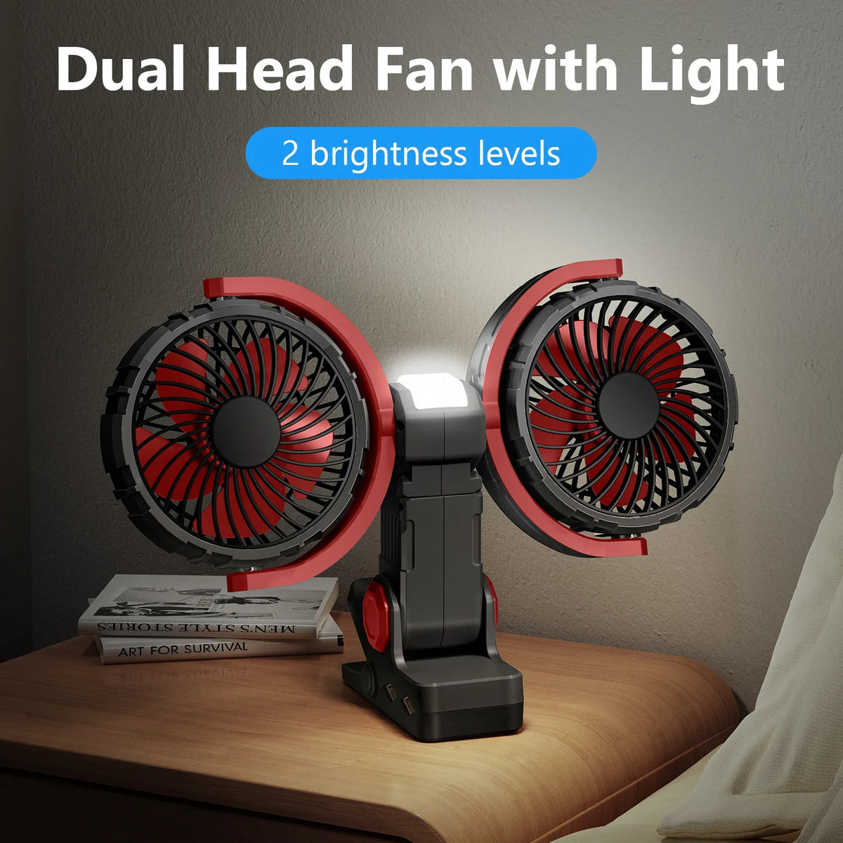 Eary Summer Clip Dual Head Fan 4000mAh 3 Wind Speeds 2 Light Modes USB Rechargeable With 360° Rotatable Desktop Air Cooling Fan