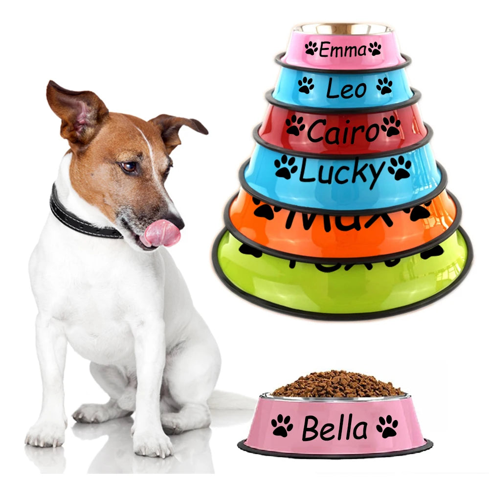 Personalized Stainless Steel Pet Bowls - Custom Name, Non-Slip, Colorful, Multi-Size